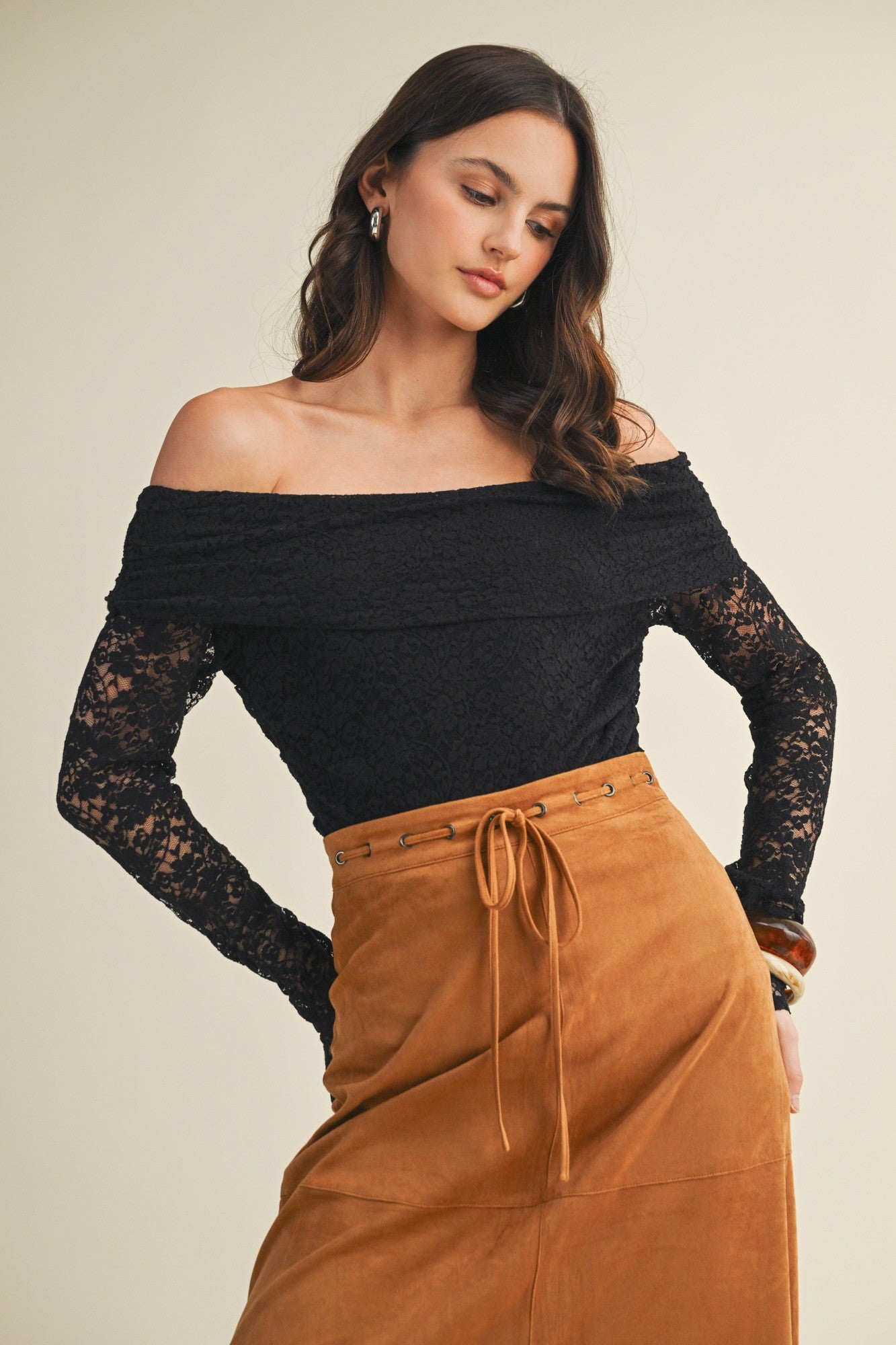 Black Lace Off Shoulder Long Sleeve Top