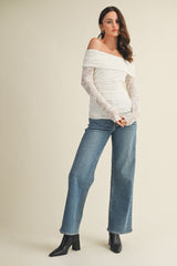 White Lace Off Shoulder Long Sleeve Top