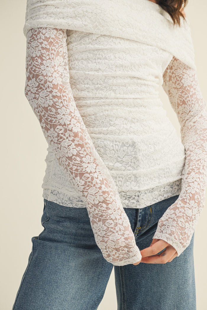White Lace Off Shoulder Long Sleeve Top