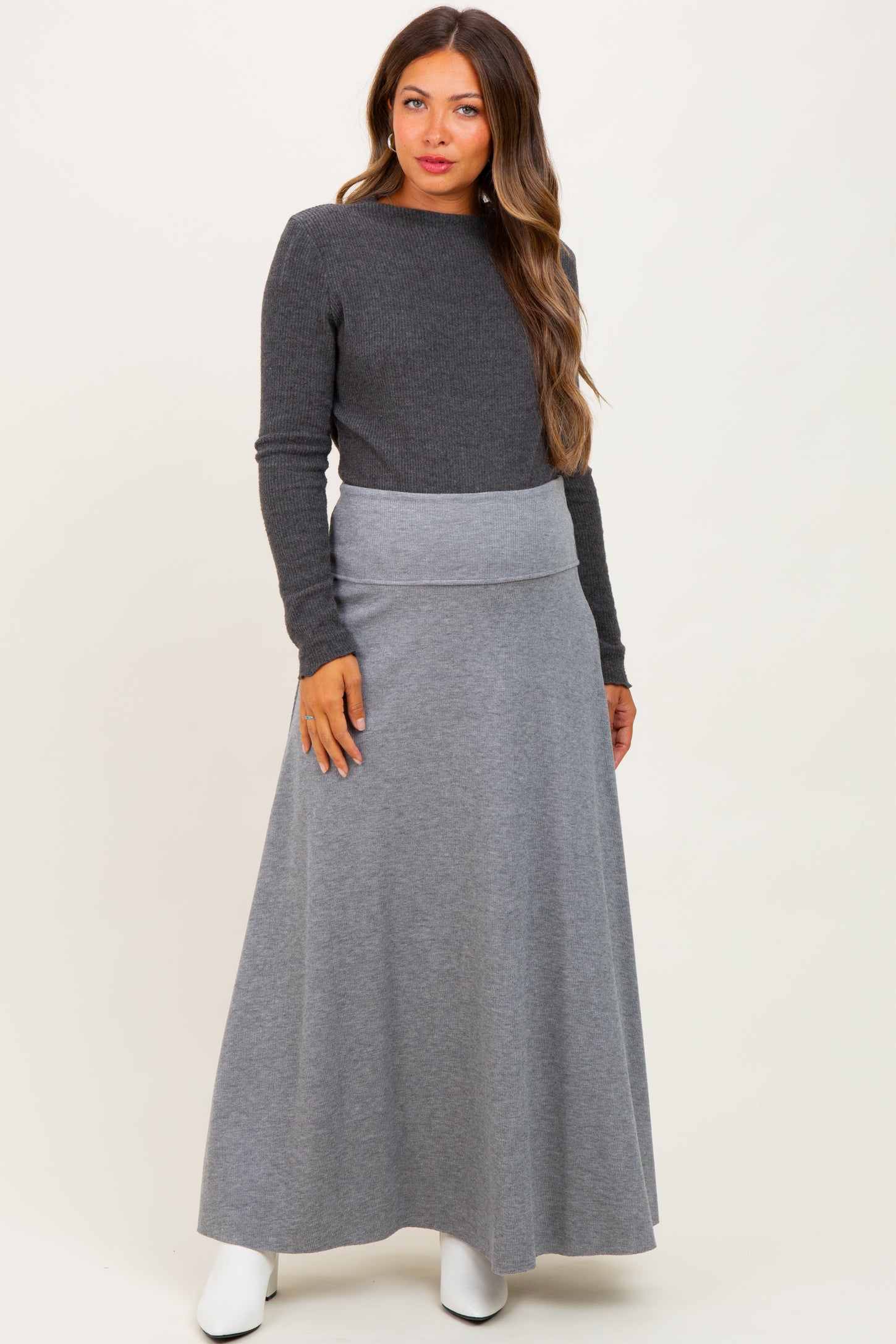 Heather Grey Ribbed Maternity Maxi Skirt