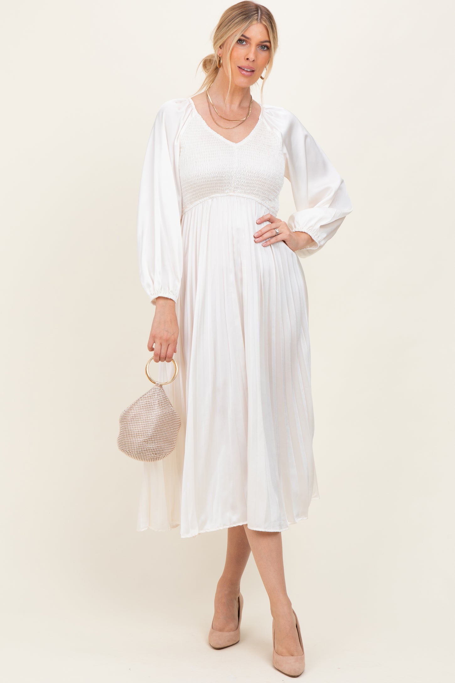 Cream Satin Smocked Pleated Maternity Midi Dress