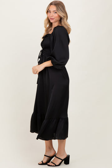Black Satin Smocked Cinched Bust Midi Dress