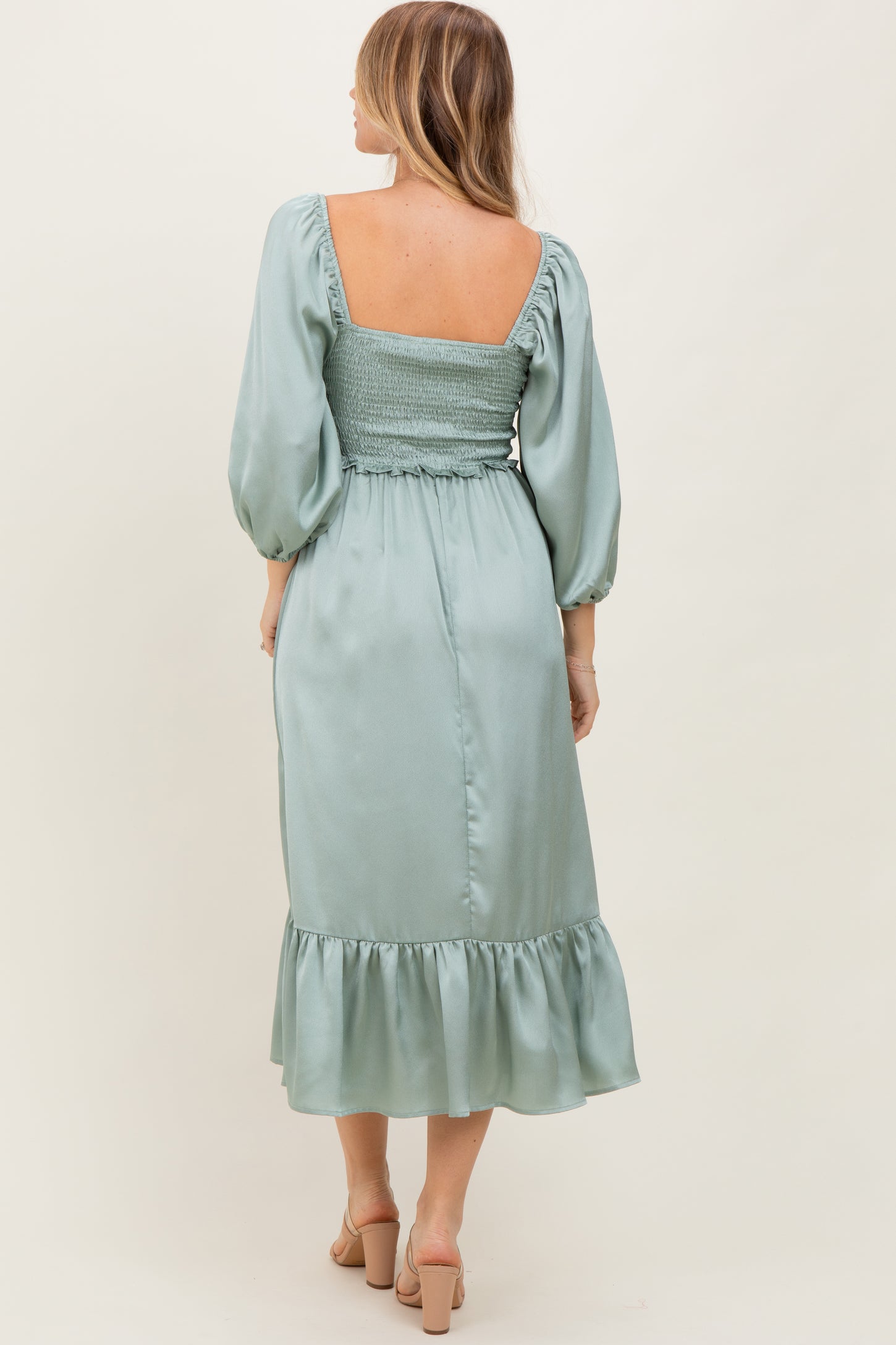 Light Olive Satin Smocked Cinched Bust Midi Dress