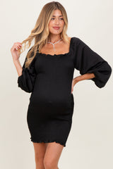 Black Satin Smocked Bubble Sleeve Maternity Mini Dress