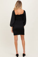 Black Satin Smocked Bubble Sleeve Maternity Mini Dress