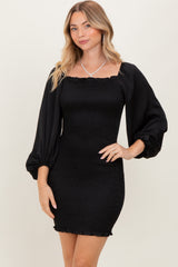 Black Satin Smocked Bubble Sleeve Mini Dress