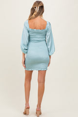 Light Blue Satin Smocked Bubble Sleeve Maternity Mini Dress