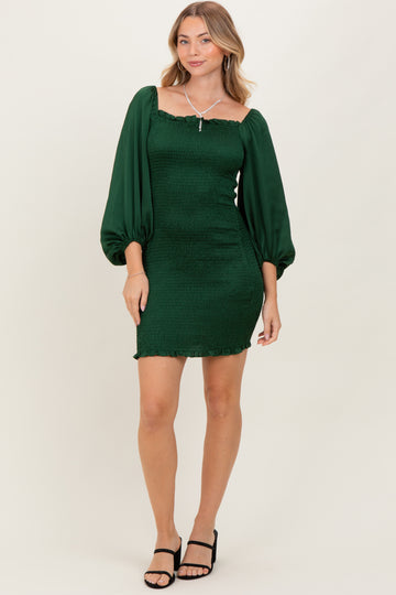Green Satin Smocked Bubble Sleeve Mini Dress