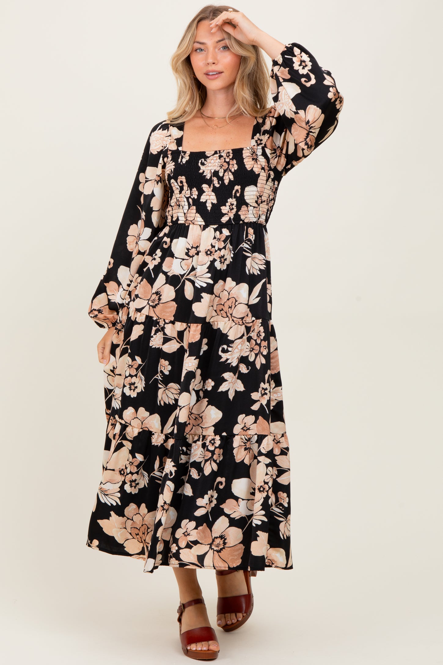 Black Floral Smocked Long Sleeve Maternity Midi Dress