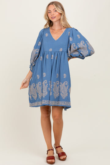 Blue Paisley Embroidered Bubble Sleeve Dress