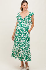 Green Floral V-Neck Flutter Sleeve Maternity Midi Dress