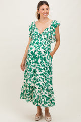 Green Floral V-Neck Flutter Sleeve Maternity Midi Dress