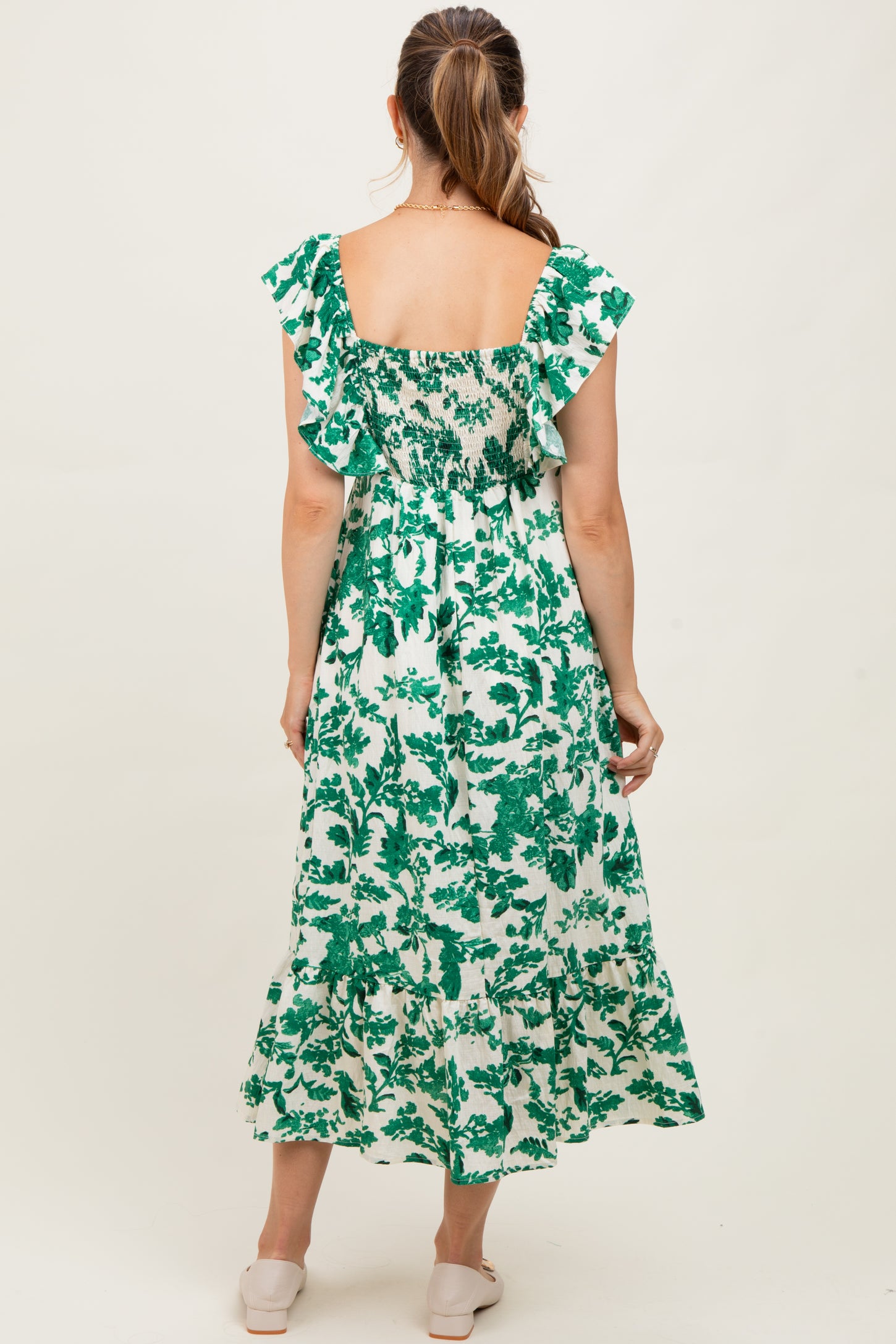 Green Floral V-Neck Flutter Sleeve Maternity Midi Dress