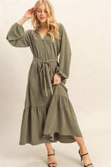 Olive Elegant Long Sleeve Waist Tie Maternity Midi Dress