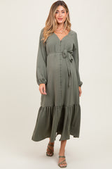 Olive Elegant Long Sleeve Waist Tie Maternity Midi Dress