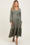 Olive Elegant Long Sleeve Waist Tie Maternity Midi Dress