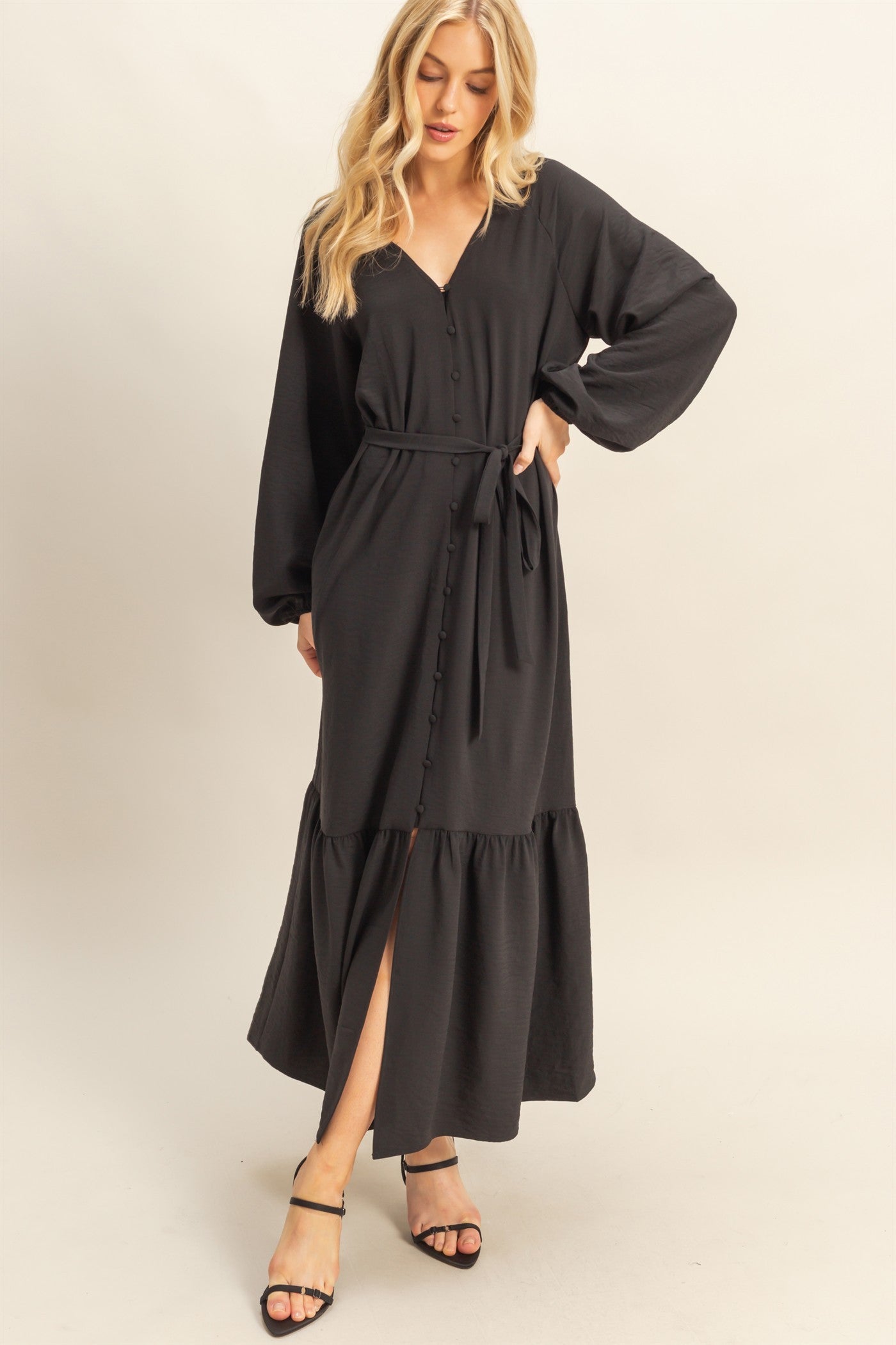 Black Elegant Long Sleeve Waist Tie Maternity Midi Dress