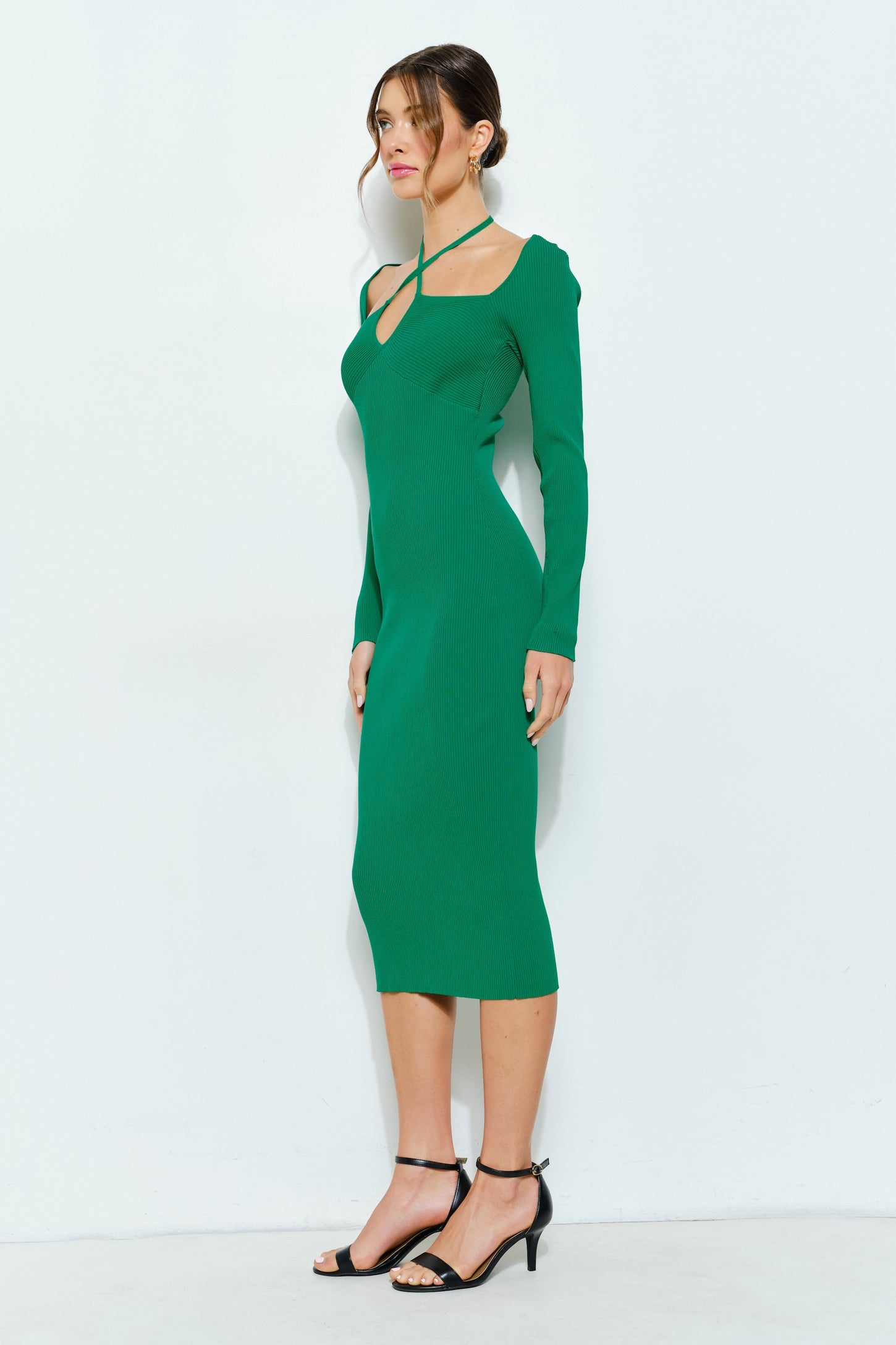 Green Cutout Cross-Strap Knit Midi Dress