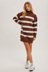 Brown Striped Knit Turtleneck Sweater Dress