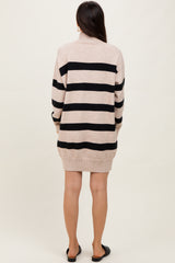 Beige Striped Knit Turtleneck Sweater Dress