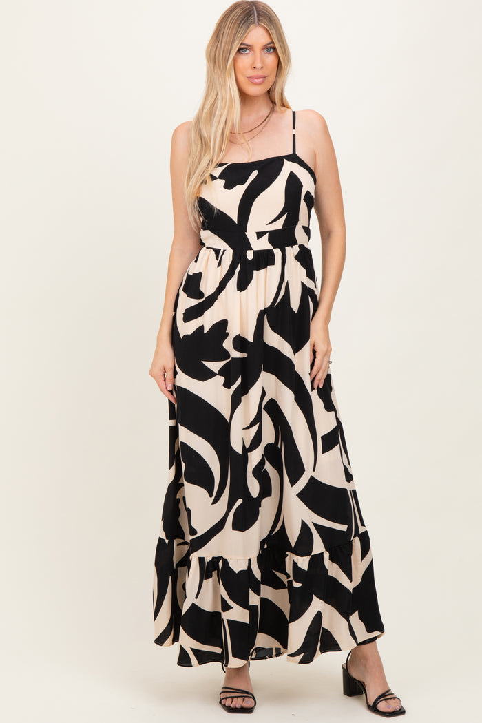 Black Printed Sleeveless Cutout Tie Back Maternity Maxi Dress