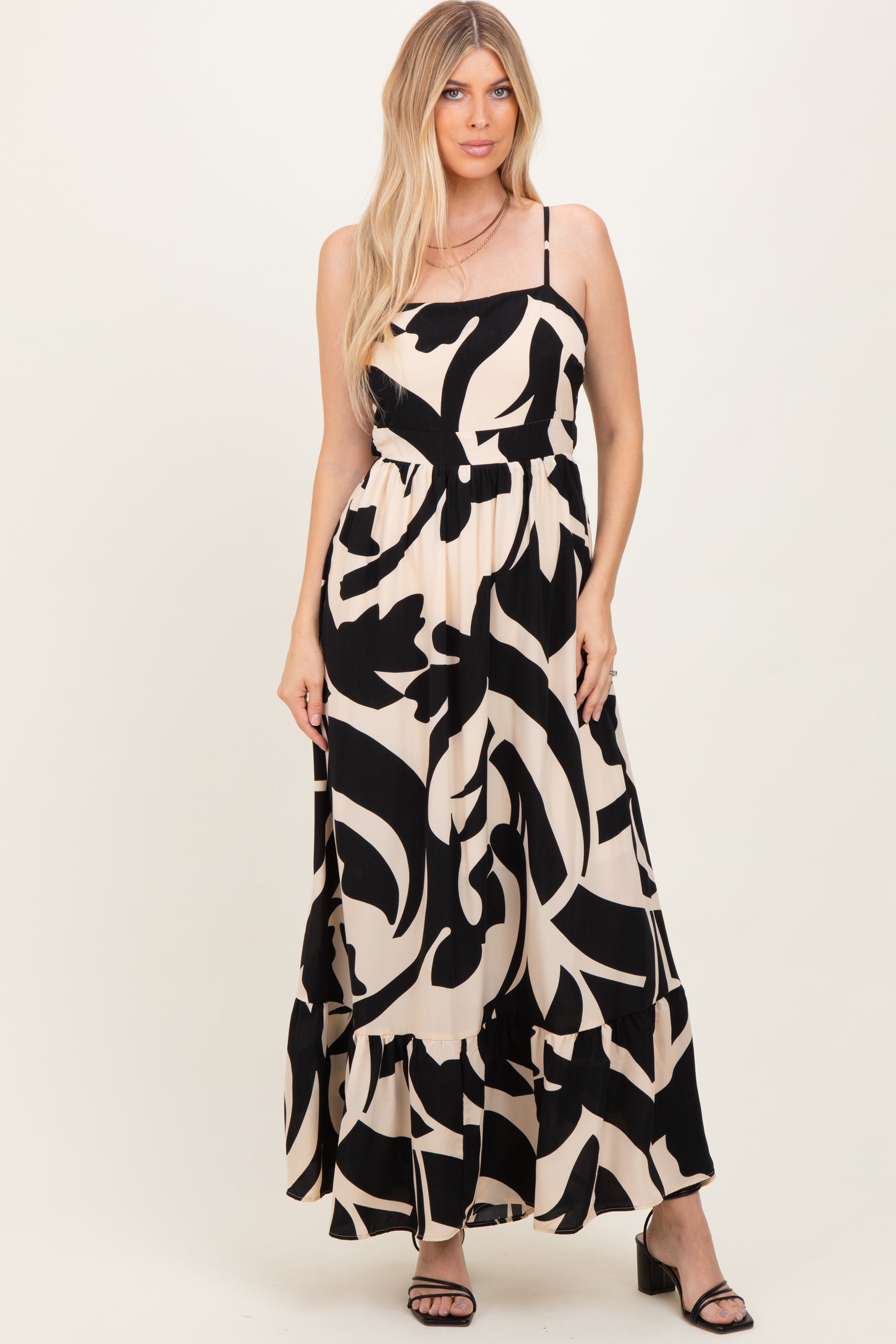 Black Printed Sleeveless Cutout Tie Back Maternity Maxi Dress