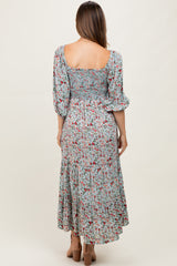 Light Blue Floral Smocked Sweetheart Neckline Maternity Midi Dress