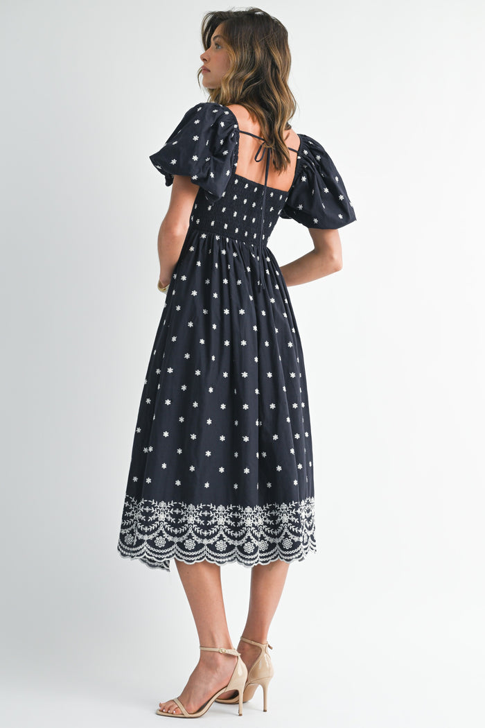 Navy Floral Embroidery Puff Sleeve Midi  Dress