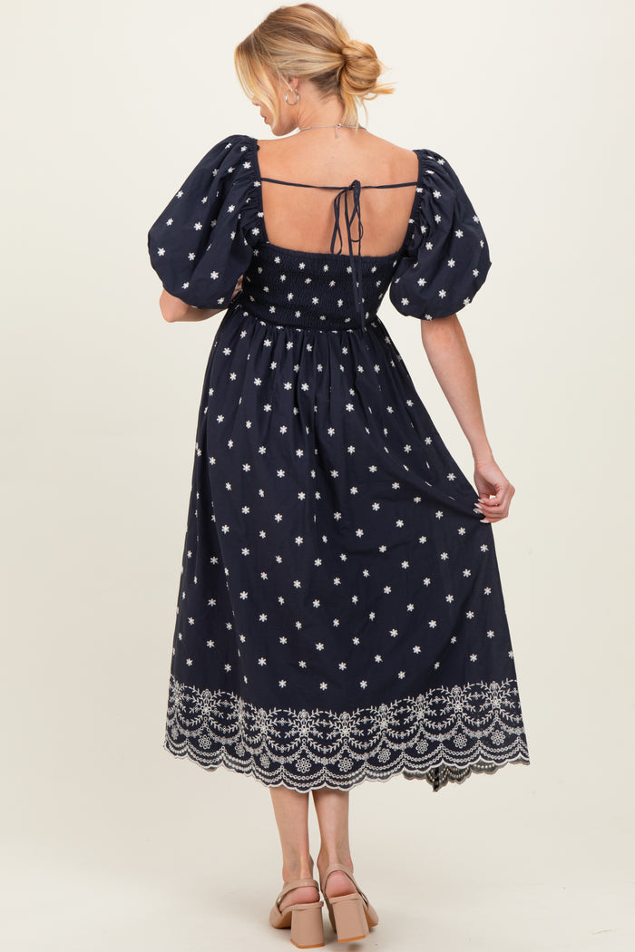 Navy Floral Embroidery Puff Sleeve Maternity Midi  Dress