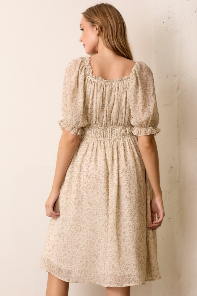 Cream Floral Square Neck Ruffle Accent Midi Dress