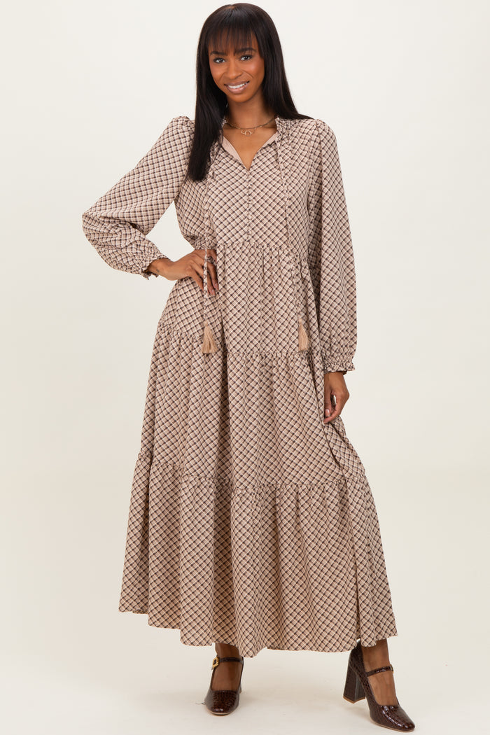 Taupe Plaid Tie Collar Tiered Maxi Dress