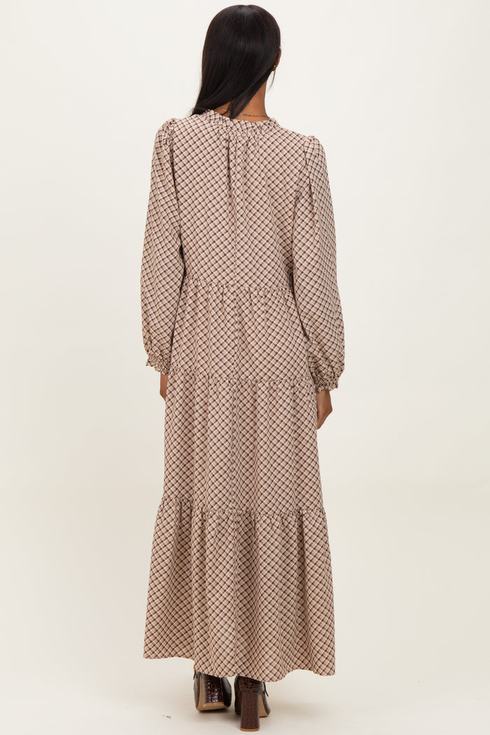 Taupe Plaid Tie Collar Tiered Maxi Dress