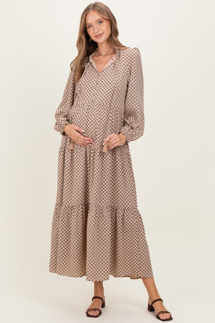 Taupe Plaid Tie Collar Tiered Maternity Maxi Dress
