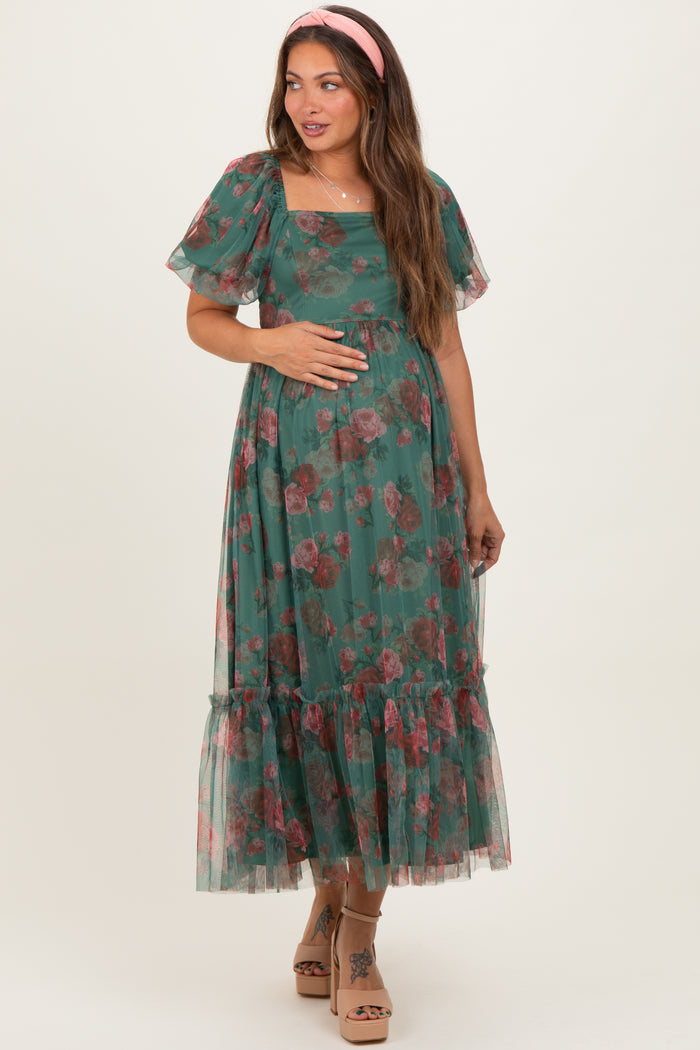 Forest Green Rose Print Tulle Overlay Maternity Midi Dress