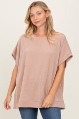 Mocha Solid Ribbed Short Sleeve Oversized Tunic Top