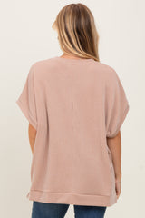 Mocha Solid Ribbed Short Sleeve Oversized Tunic Top