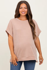 Mocha Solid Ribbed Short Sleeve Oversized Maternity Tunic Top