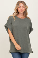 Olive Solid Ribbed Short Sleeve Oversized Tunic Top