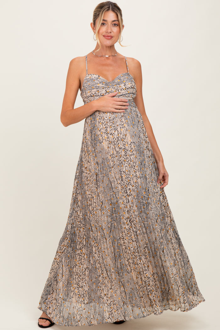 Beige Floral Cutout Tie Back Maternity Maxi Dress