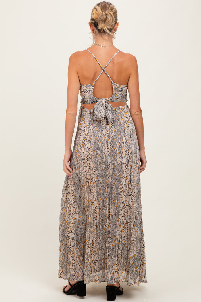Beige Floral Cutout Tie Back Maternity Maxi Dress