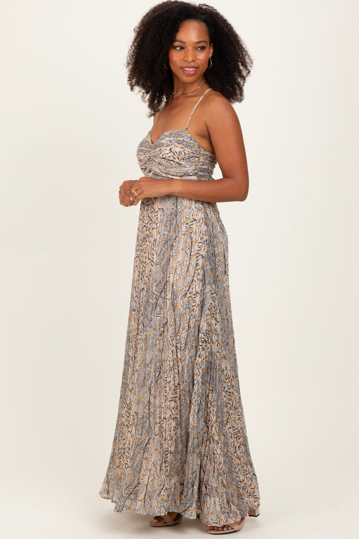 Beige Floral Cutout Tie Back Maxi Dress