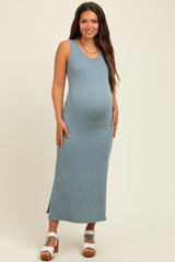 Blue Ribbed Side Slit Maternity Maxi Dress
