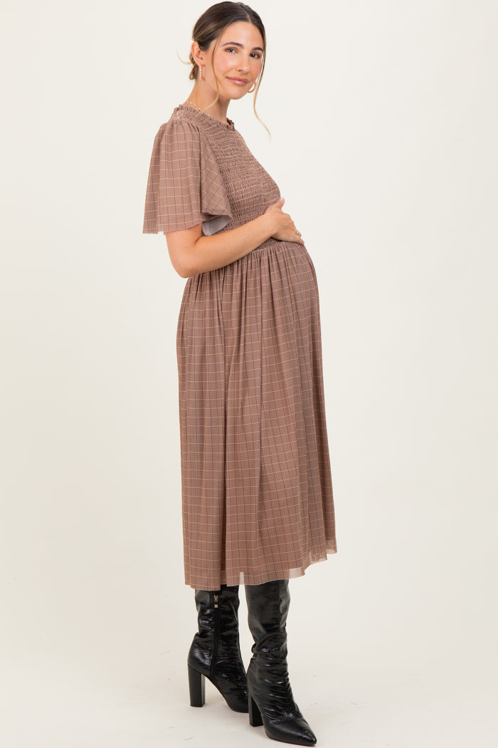 Beige Plaid Smocked Mesh Maternity Midi Dress