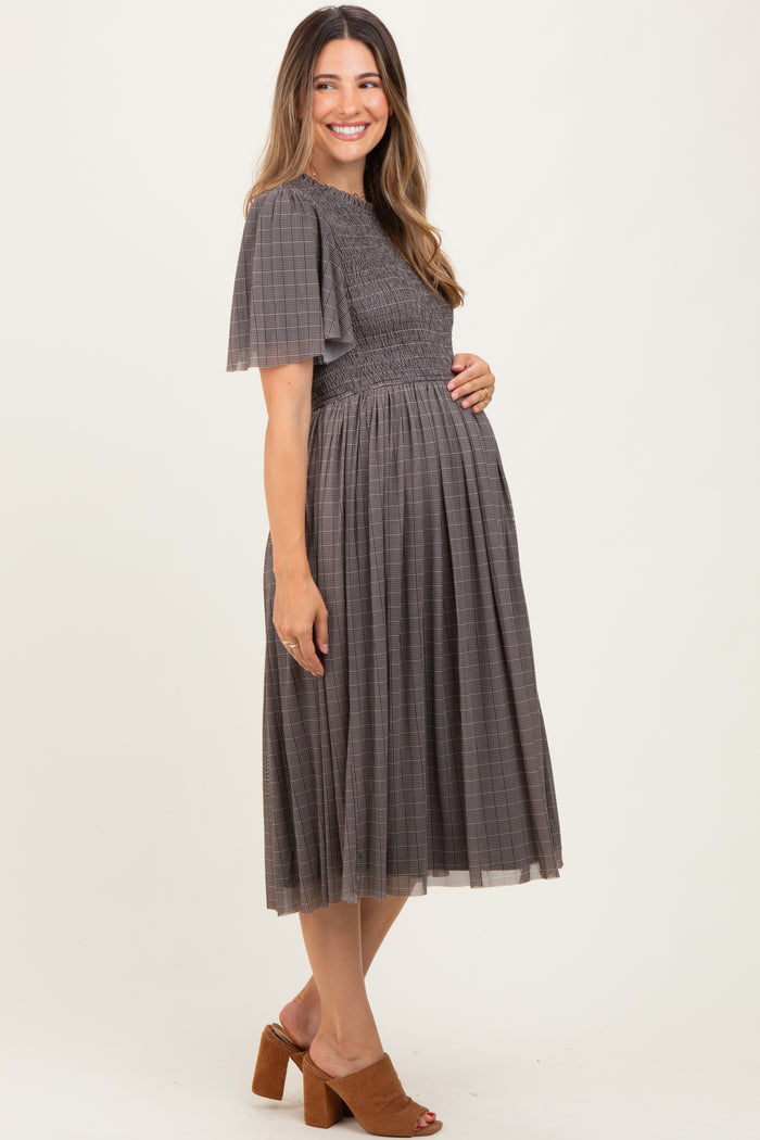 Black Plaid Smocked Mesh Maternity Midi Dress