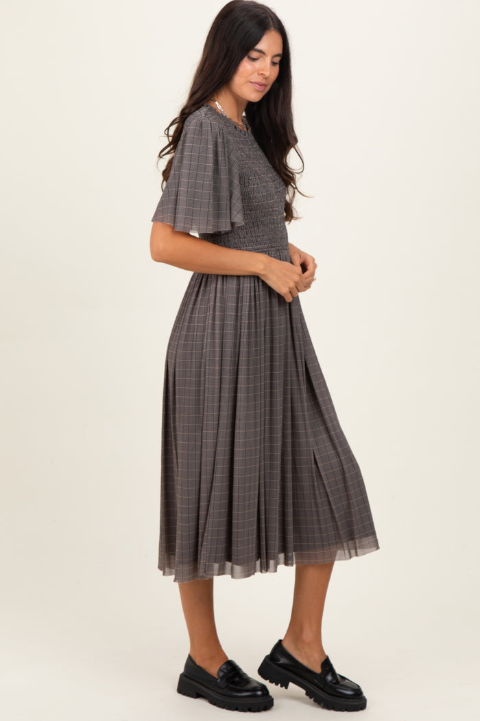 Black Plaid Smocked Mesh Midi Dress