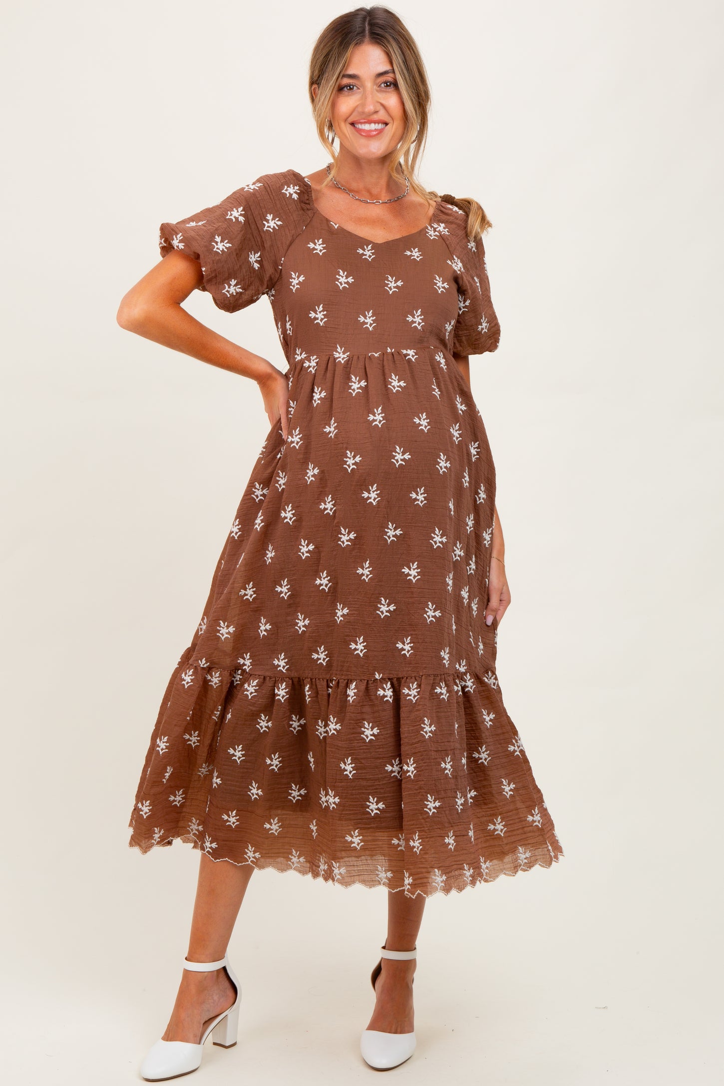 Brown Floral Embroidered Tiered Maternity Midi Dress