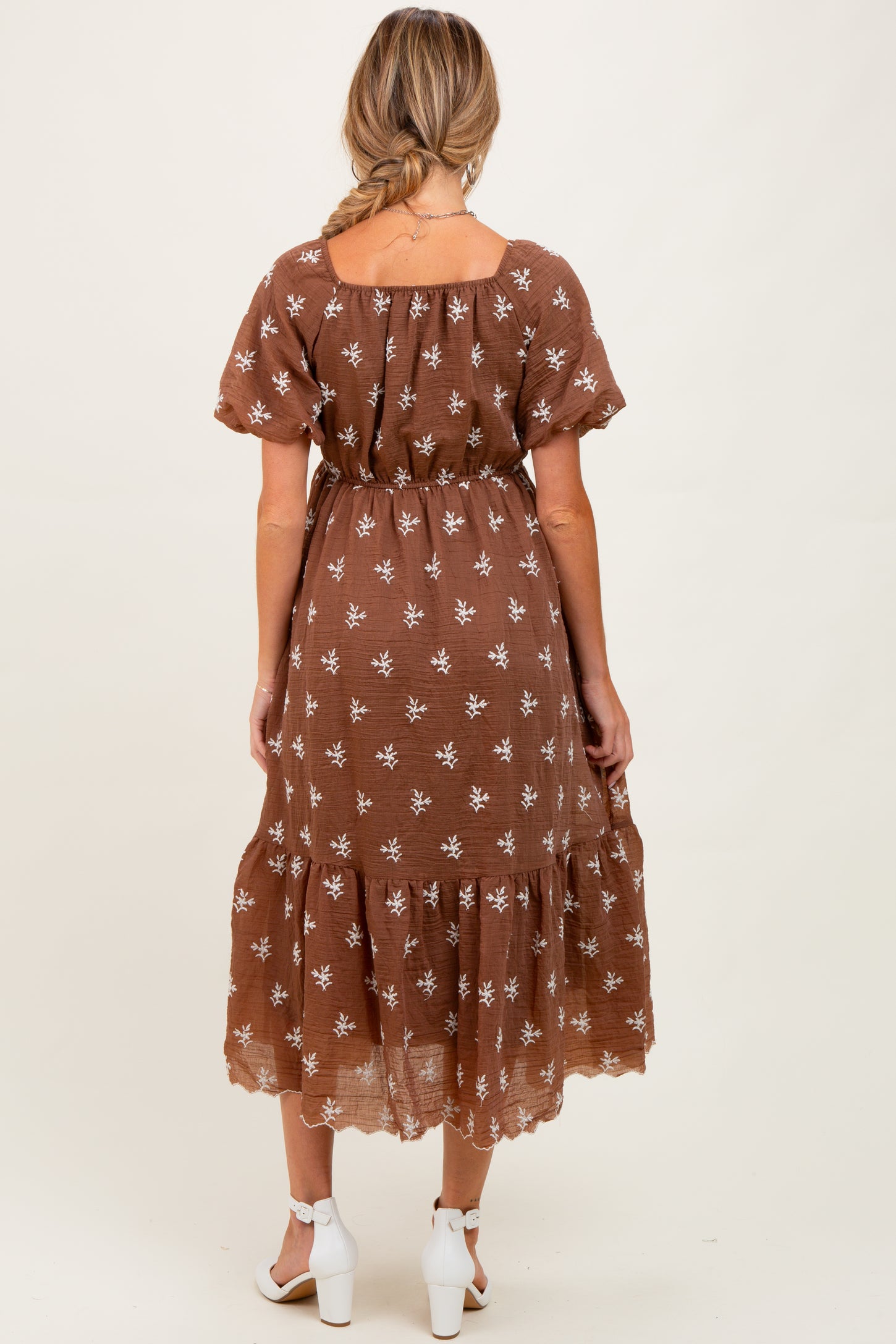 Brown Floral Embroidered Tiered Maternity Midi Dress