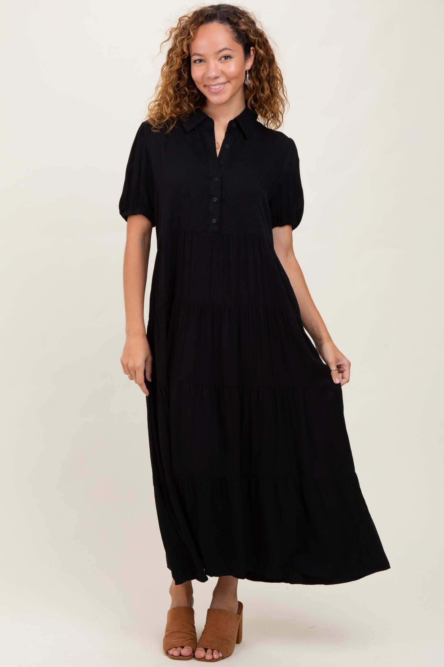 Black Collared Button Down Tiered Midi Dress