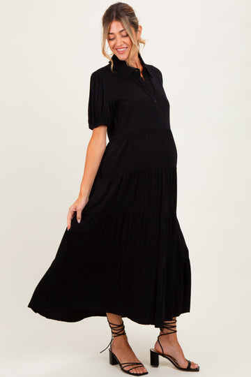Black Collared Button Down Tiered Maternity Midi Dress