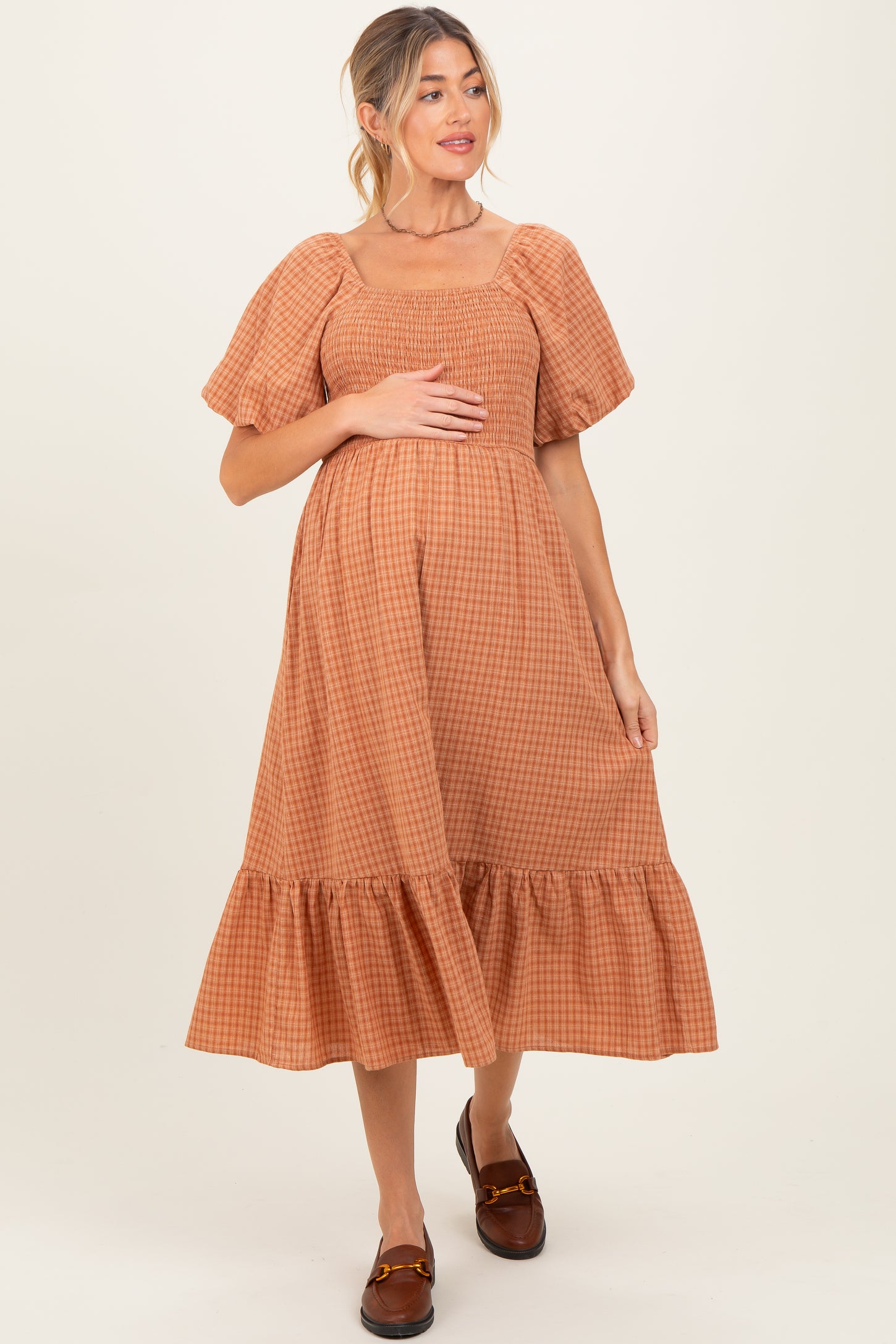Camel Gingham Smocked Maternity Midi Dress